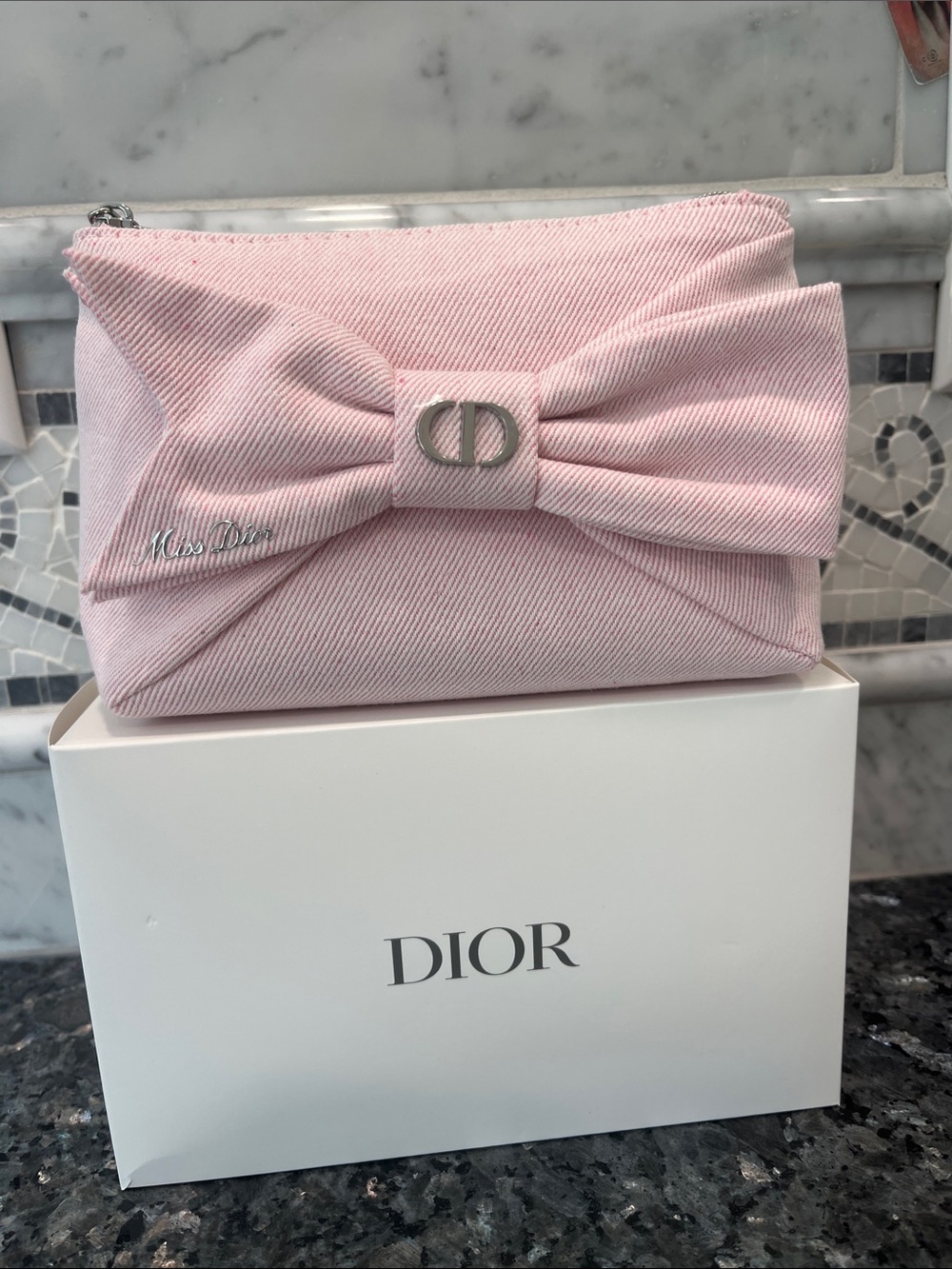Dior Soft Pink Bow Cosmetic Pouch with CD Hardware